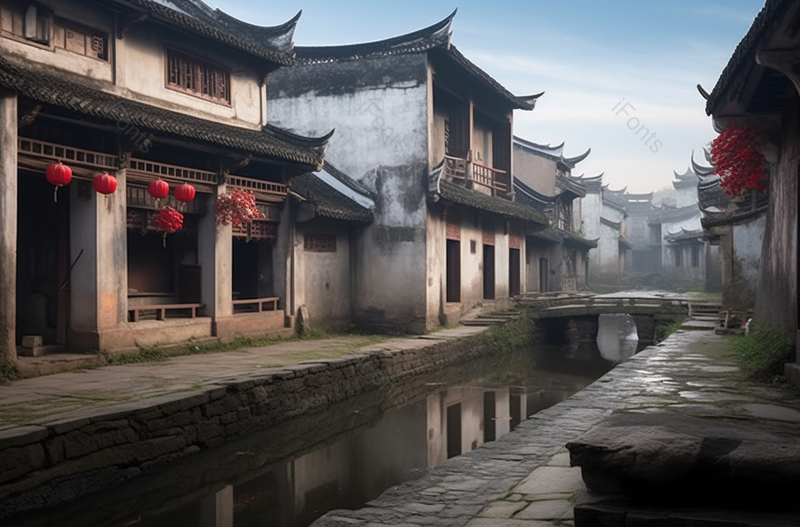 清晨宁静的黄山古城古老房屋建筑,高清,摄影图,摄影图片,图片大全,摄影图免费下载